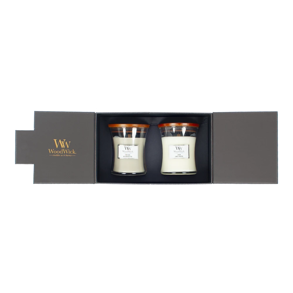 Woodwick Deluxe Gift Set Medium Candles Fireside & Linen - Geurkaars 3 Woodwick Deluxe Gift Set Medium Candles Fireside & Linen - Geurkaars